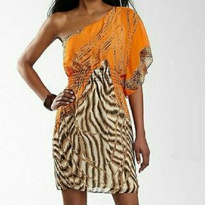 Chiffon Orange Animal Print one shoulder dress